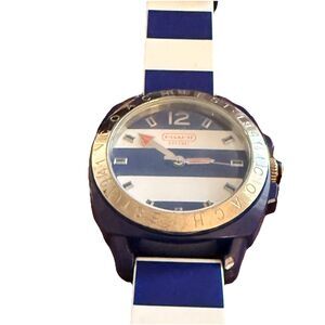 Coach Women’s Watch Silicone Band Navy Blue White Striped New Battery